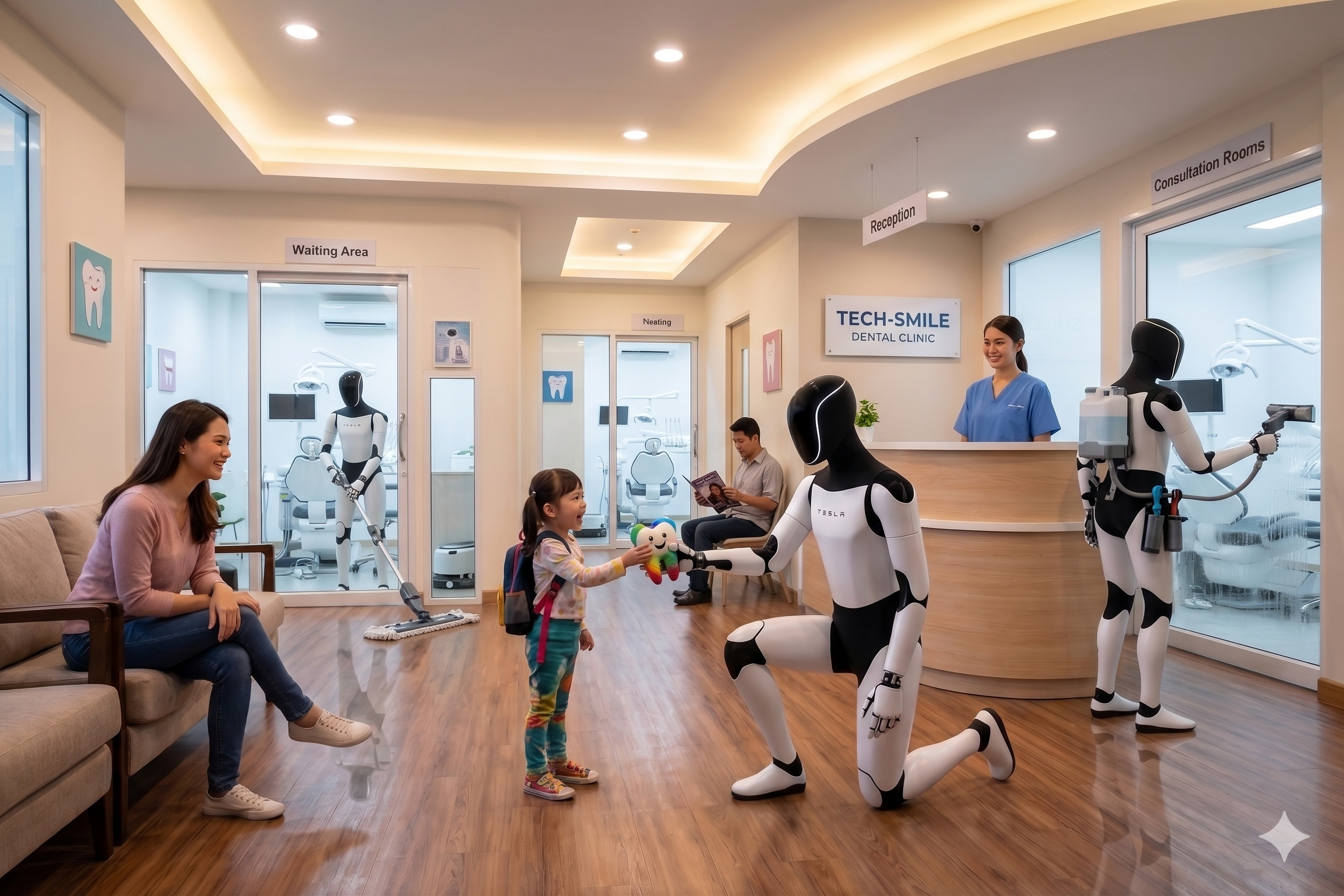 Services — robots in dental clinic with friendly interaction