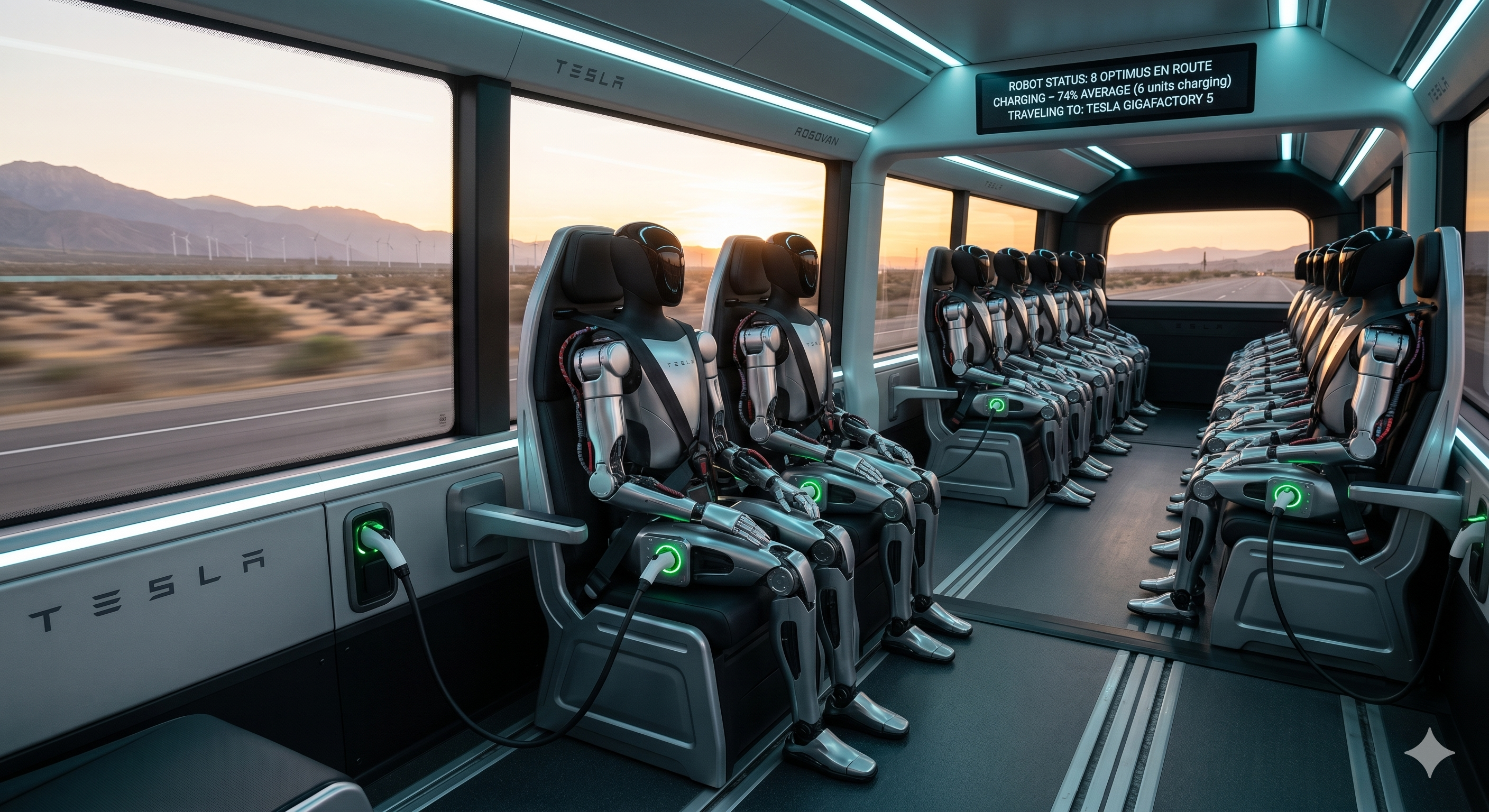 Tesla Robovan — robots charging en route between locations
